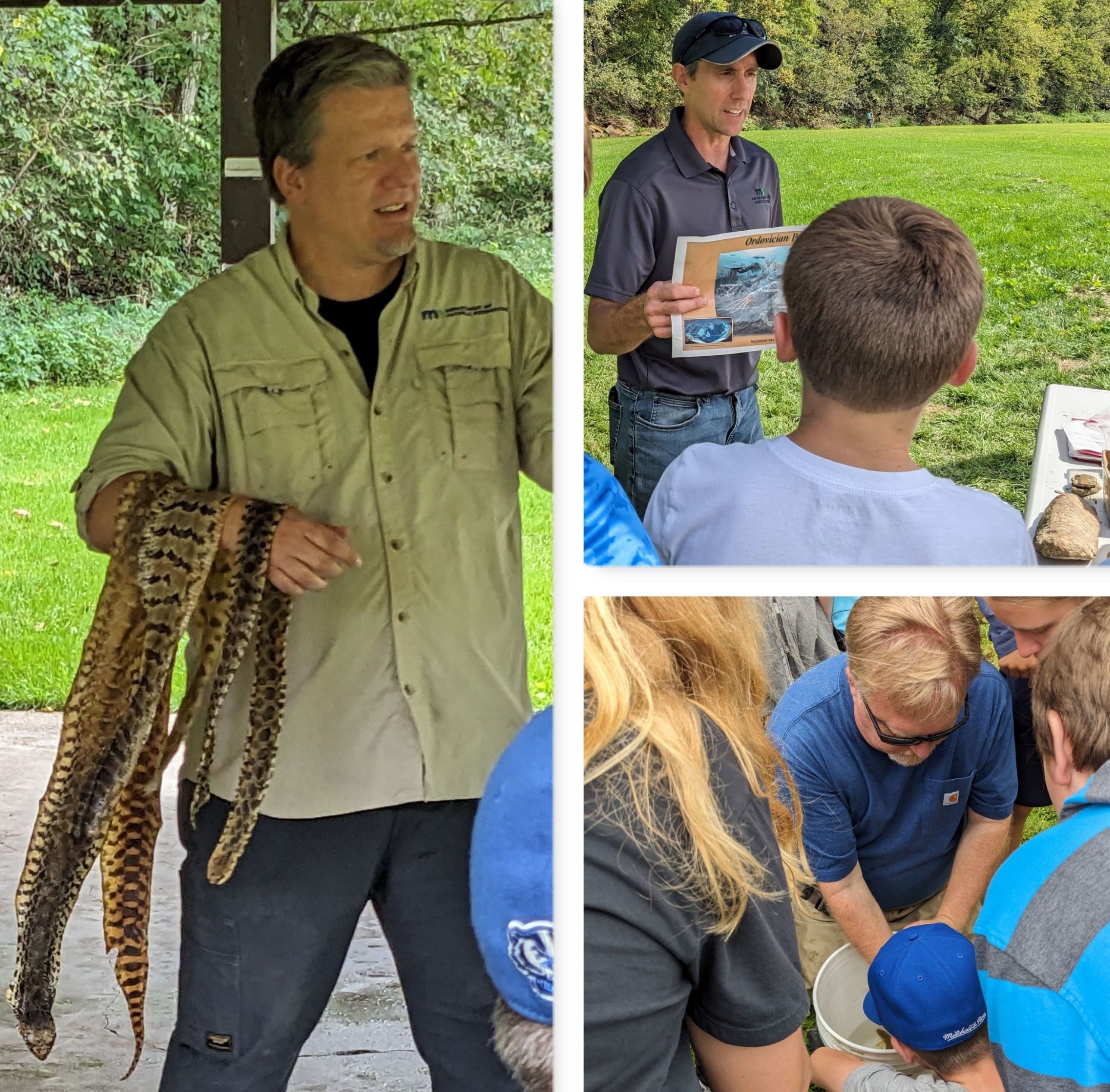 Naturalist has snake skins on arm; MDA shows fossils; students with Fisheries look at fish in pail 